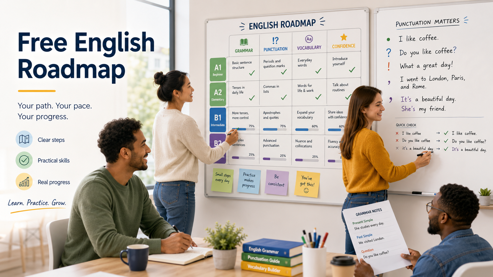 Adult students learning English grammar and punctuation while tracking progress on a CEFR English roadmap.